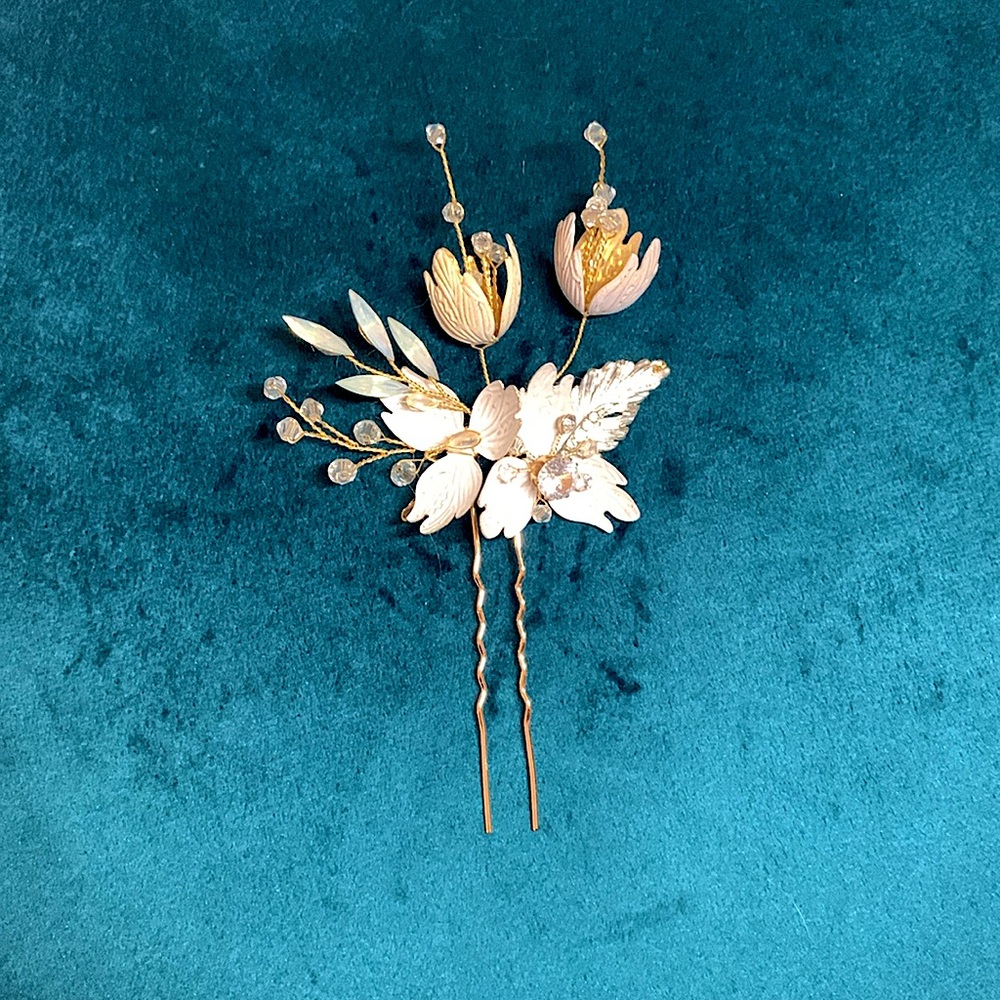 Whimsical Floral Wedding Hair Pin in gold with blush and opalite details